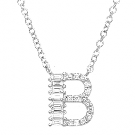 14K White Gold Round & Baguette Diamond Initial Necklace-Necklaces-superbell-B-
