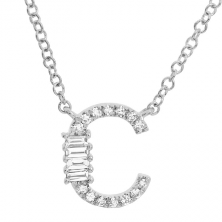 14K White Gold Round & Baguette Diamond Initial Necklace-Necklaces-superbell-C-