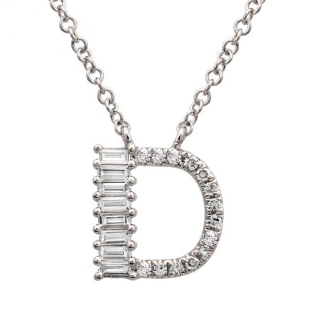 14K White Gold Round & Baguette Diamond Initial Necklace