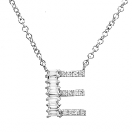 14K White Gold Round & Baguette Diamond Initial Necklace-Necklaces-superbell-E-