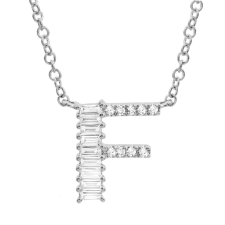 14K White Gold Round & Baguette Diamond Initial Necklace