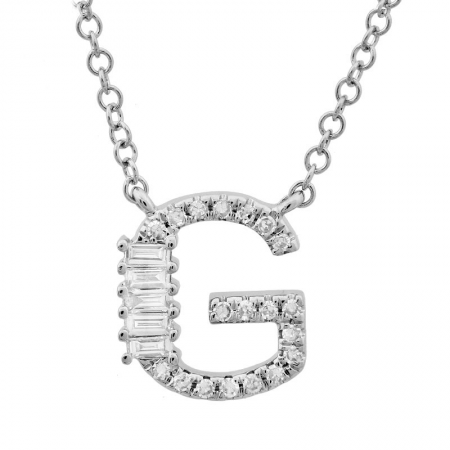 14K White Gold Round & Baguette Diamond Initial Necklace