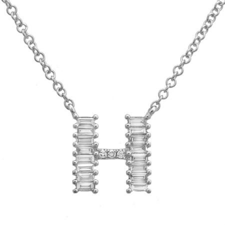 14K White Gold Round & Baguette Diamond Initial Necklace-Necklaces-superbell-H-