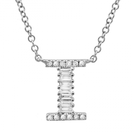 14K White Gold Round & Baguette Diamond Initial Necklace