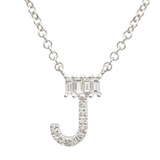 14K White Gold Round & Baguette Diamond Initial Necklace-Necklaces-superbell-J-