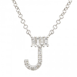 14K White Gold Round & Baguette Diamond Initial Necklace