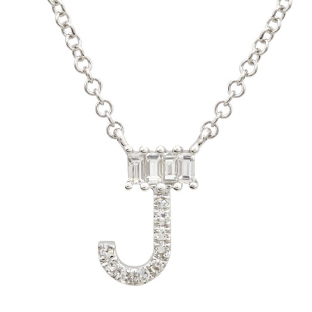 14K White Gold Round & Baguette Diamond Initial Necklace-Necklaces-superbell-J-