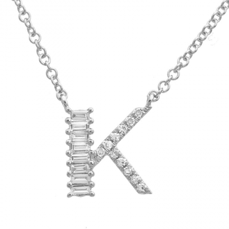 14K White Gold Round & Baguette Diamond Initial Necklace