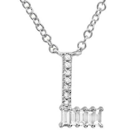 14K White Gold Round & Baguette Diamond Initial Necklace