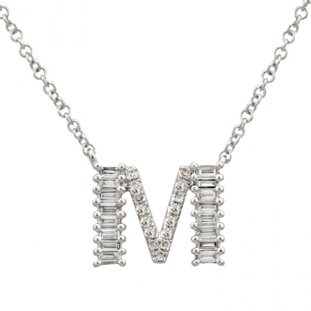 14K White Gold Round & Baguette Diamond Initial Necklace-Necklaces-superbell-M-