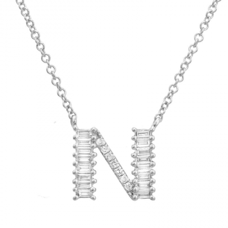 14K White Gold Round & Baguette Diamond Initial Necklace