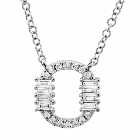 14K White Gold Round & Baguette Diamond Initial Necklace-Necklaces-superbell-O-