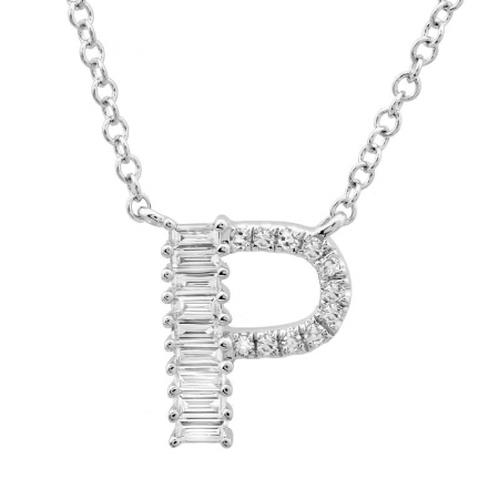 14K White Gold Round & Baguette Diamond Initial Necklace