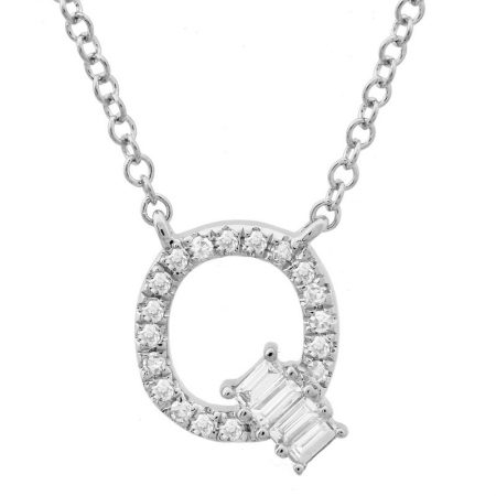 14K White Gold Round & Baguette Diamond Initial Necklace-Necklaces-superbell-Q-