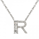14K White Gold Round & Baguette Diamond Initial Necklace-Necklaces-superbell-R-