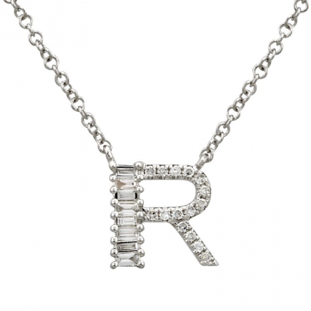 14K White Gold Round & Baguette Diamond Initial Necklace