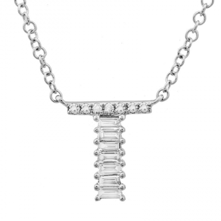 14K White Gold Round & Baguette Diamond Initial Necklace-Necklaces-superbell-T-