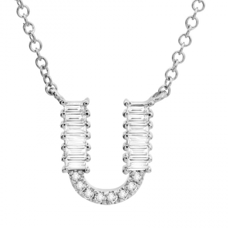 14K White Gold Round & Baguette Diamond Initial Necklace