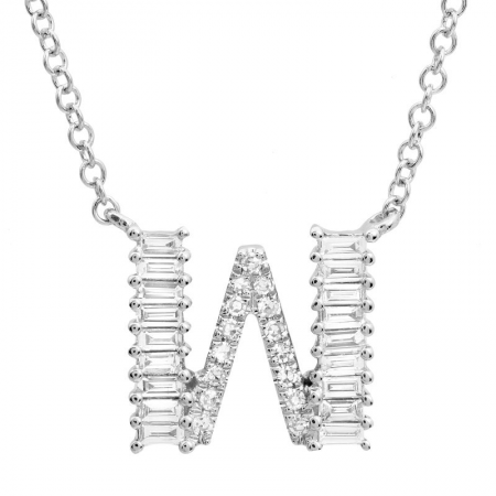 14K White Gold Round & Baguette Diamond Initial Necklace-Necklaces-superbell-W-
