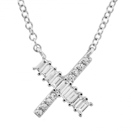 14K White Gold Round & Baguette Diamond Initial Necklace-Necklaces-superbell-X-