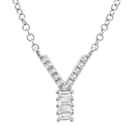 14K White Gold Round & Baguette Diamond Initial Necklace-Necklaces-superbell-Y-