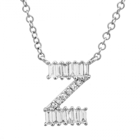 14K White Gold Round & Baguette Diamond Initial Necklace