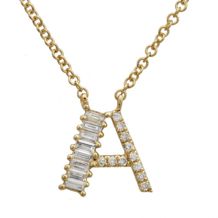 14K Yellow Gold Round & Baguette Diamond Initial Necklace