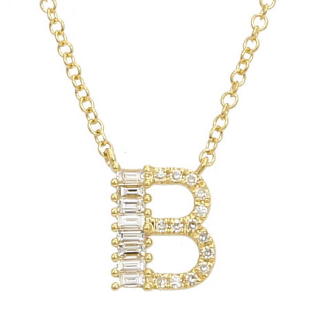 14K Yellow Gold Round & Baguette Diamond Initial Necklace