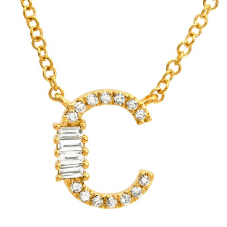 14K Yellow Gold Round & Baguette Diamond Initial Necklace