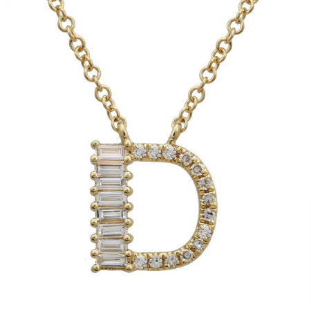 14K Yellow Gold Round & Baguette Diamond Initial Necklace