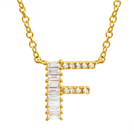 14K Yellow Gold Round & Baguette Diamond Initial Necklace-Necklaces-Maurice's Jewelers-F-