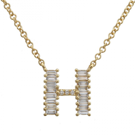 14K Yellow Gold Round & Baguette Diamond Initial Necklace-Necklaces-Maurice's Jewelers-H-