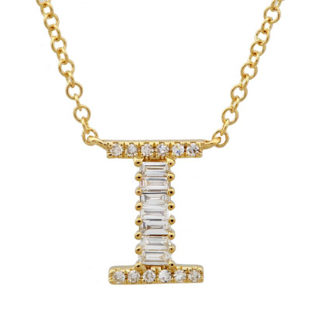 14K Yellow Gold Round & Baguette Diamond Initial Necklace