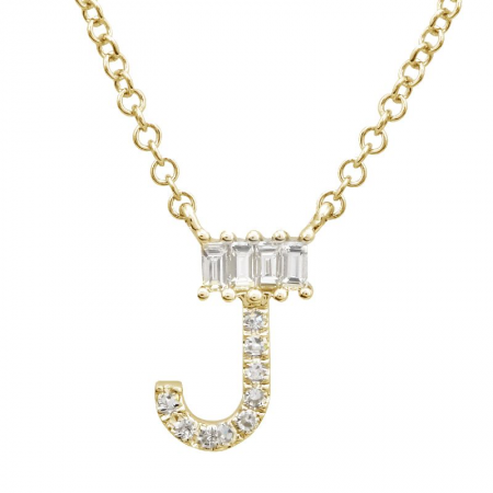 14K Yellow Gold Round & Baguette Diamond Initial Necklace-Necklaces-Maurice's Jewelers-J-