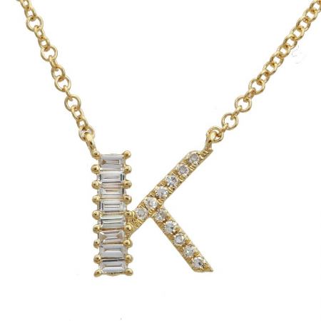 14K Yellow Gold Round & Baguette Diamond Initial Necklace-Necklaces-Maurice's Jewelers-K-