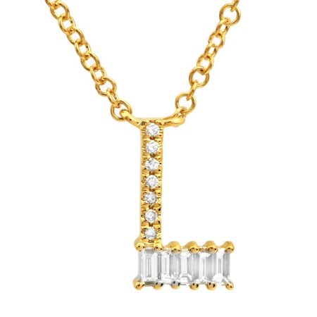 14K Yellow Gold Round & Baguette Diamond Initial Necklace