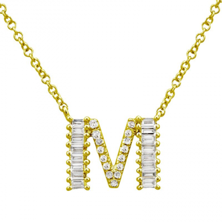 14K Yellow Gold Round & Baguette Diamond Initial Necklace