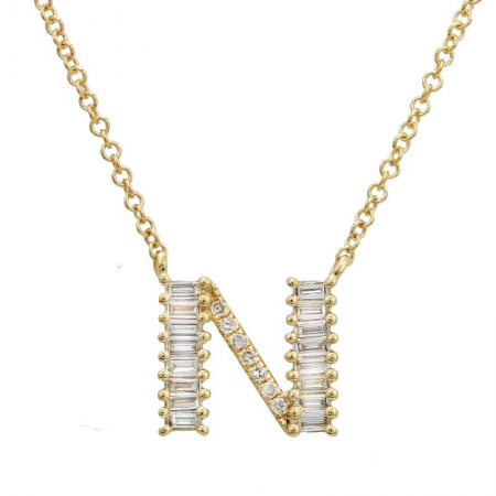 14K Yellow Gold Round & Baguette Diamond Initial Necklace