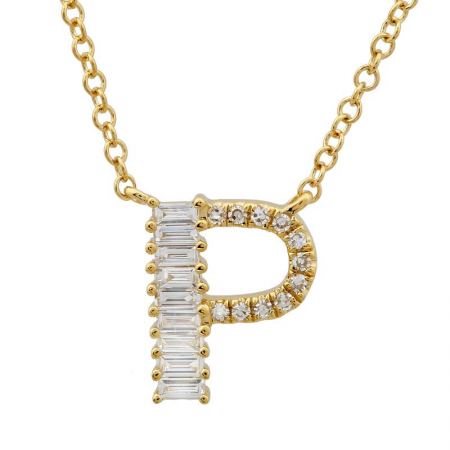 14K Yellow Gold Round & Baguette Diamond Initial Necklace-Necklaces-Maurice's Jewelers-P-