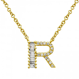 14K Yellow Gold Round & Baguette Diamond Initial Necklace