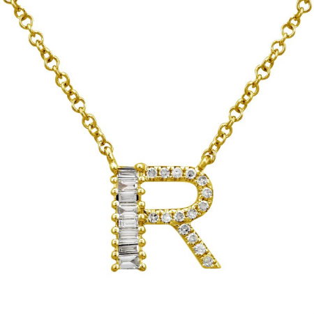 14K Yellow Gold Round & Baguette Diamond Initial Necklace