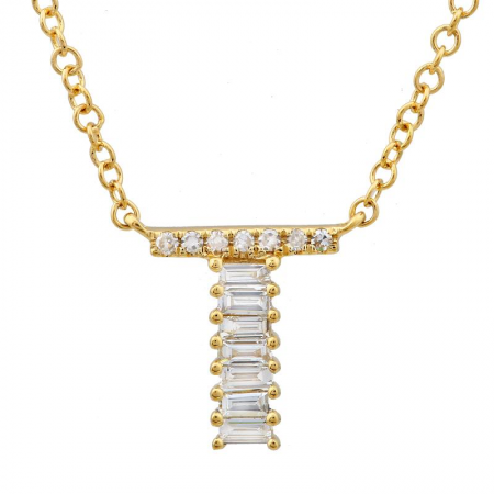 14K Yellow Gold Round & Baguette Diamond Initial Necklace