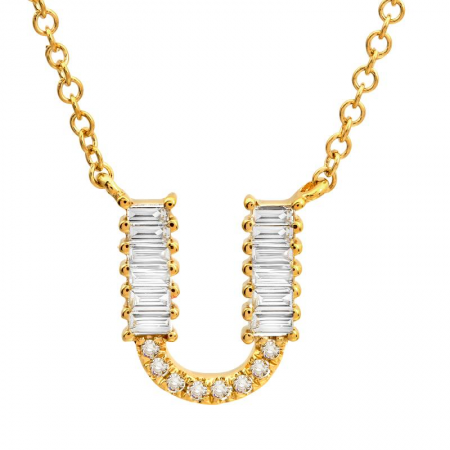 14K Yellow Gold Round & Baguette Diamond Initial Necklace