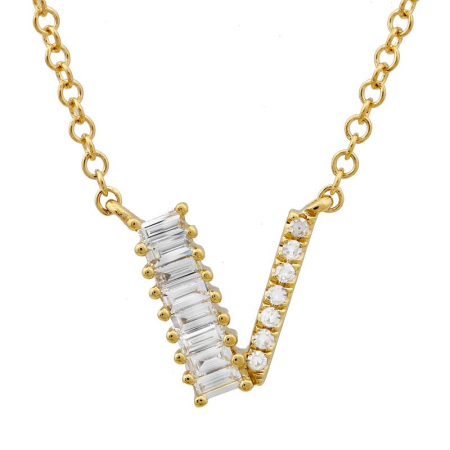 14K Yellow Gold Round & Baguette Diamond Initial Necklace-Necklaces-Maurice's Jewelers-V-