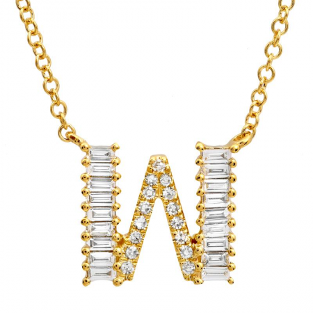 14K Yellow Gold Round & Baguette Diamond Initial Necklace