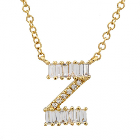 14K Yellow Gold Round & Baguette Diamond Initial Necklace