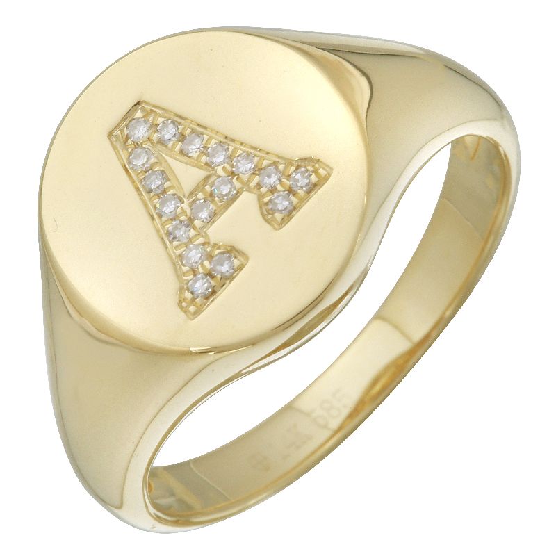 14K Yellow Gold Diamond Initial Signet Ring