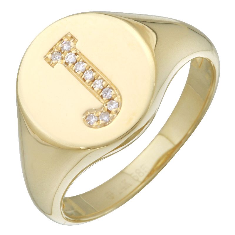 14K Yellow Gold Diamond Initial Signet Ring-Rings-superbell-J-
