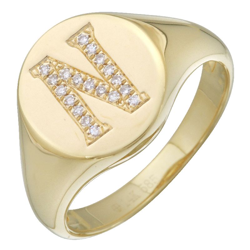14K Yellow Gold Diamond Initial Signet Ring-Rings-superbell-N-