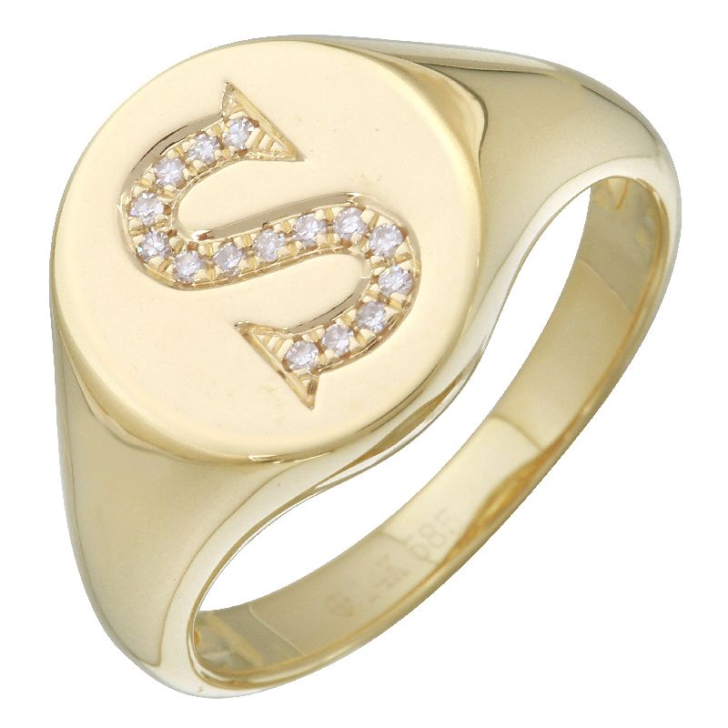 14K Yellow Gold Diamond Initial Signet Ring-Rings-superbell-
